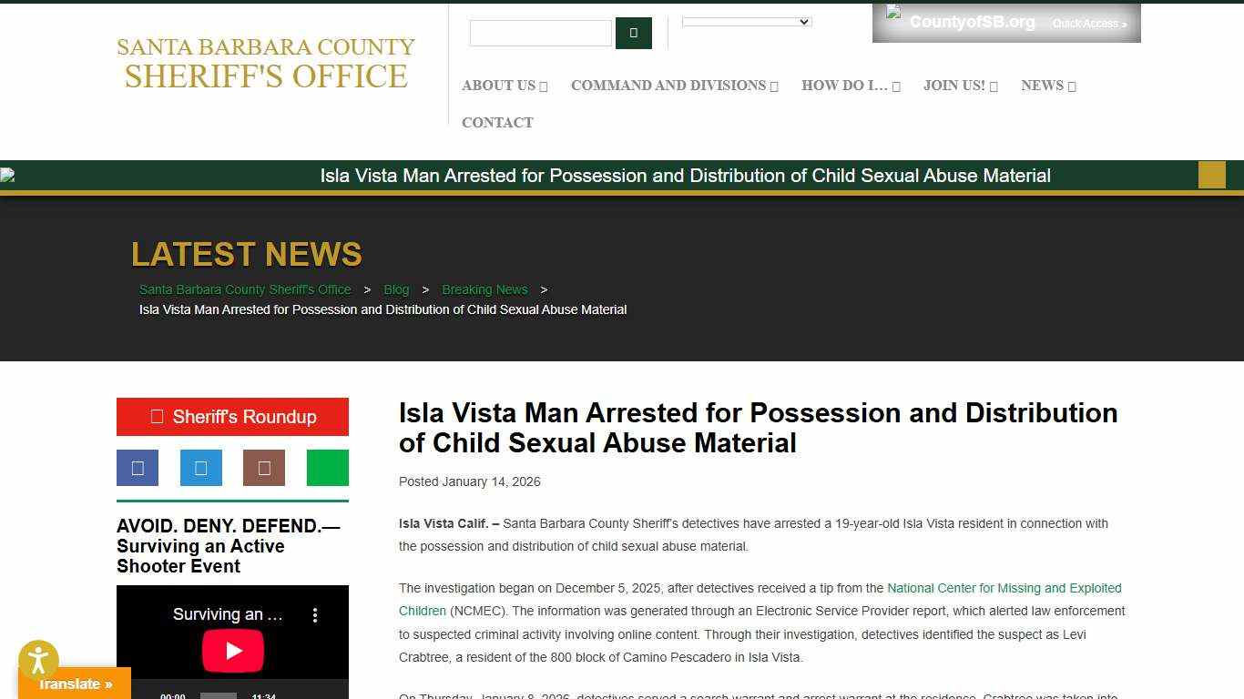 Isla Vista Man Arrested for Possession and Distribution of Child Sexual Abuse Material – Santa Barbara County Sheriff's Office
