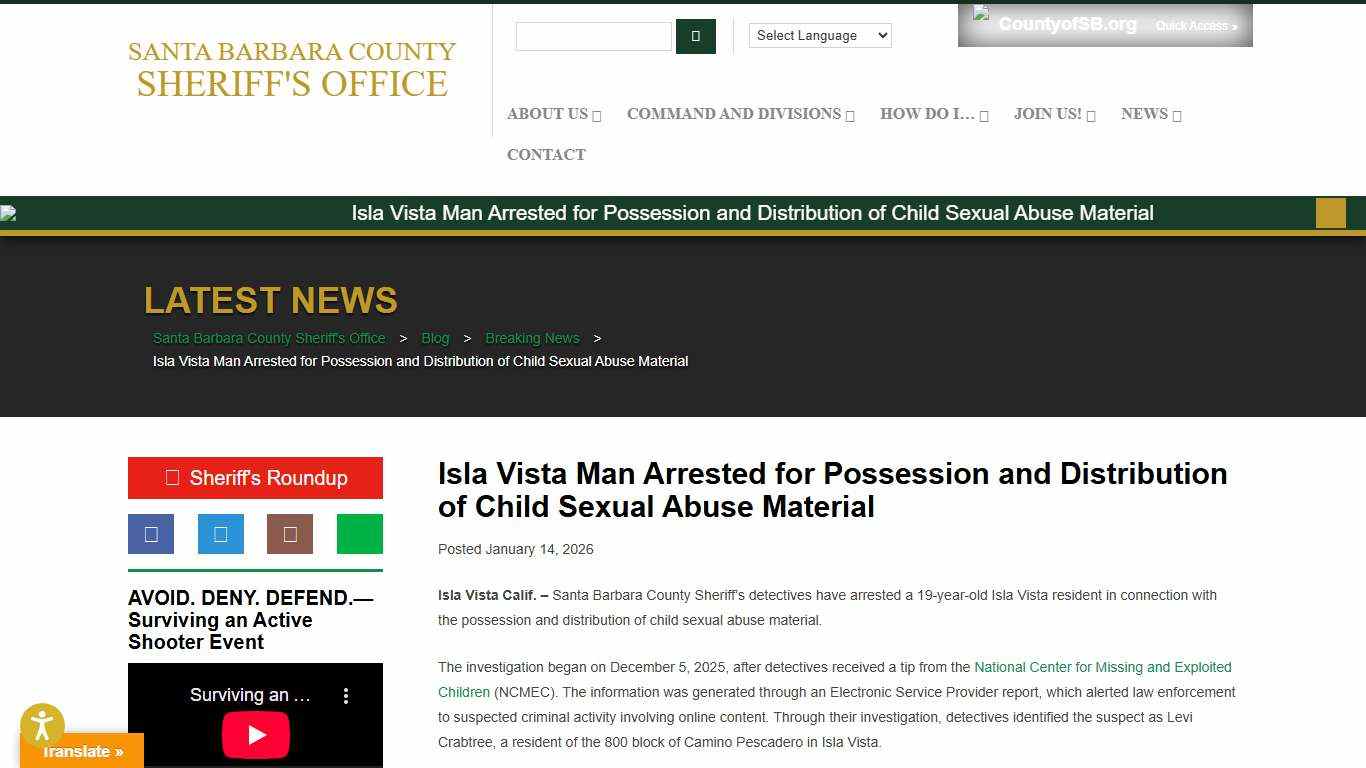 Isla Vista Man Arrested for Possession and Distribution of Child Sexual Abuse Material – Santa Barbara County Sheriff's Office