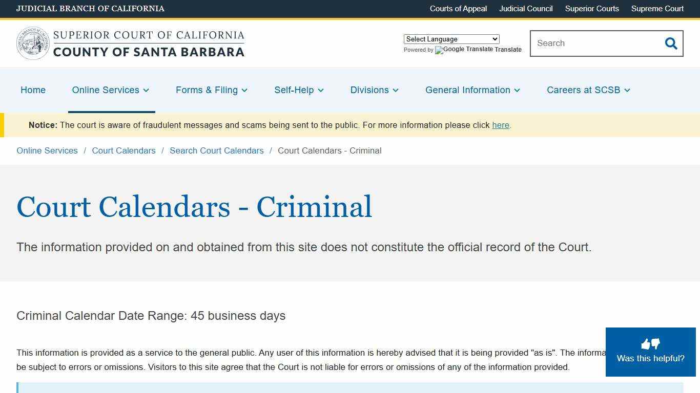 Court Calendars - Criminal Superior Court of California County of Santa Barbara